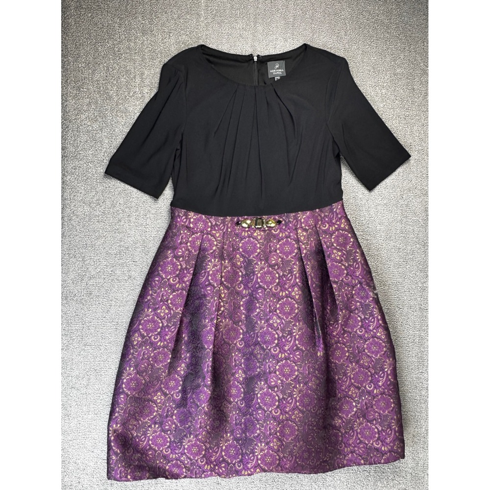 Adrianna Papell Dress 12 Purple Black‎ Jewel Brocade Fit Flare Cocktail Formal